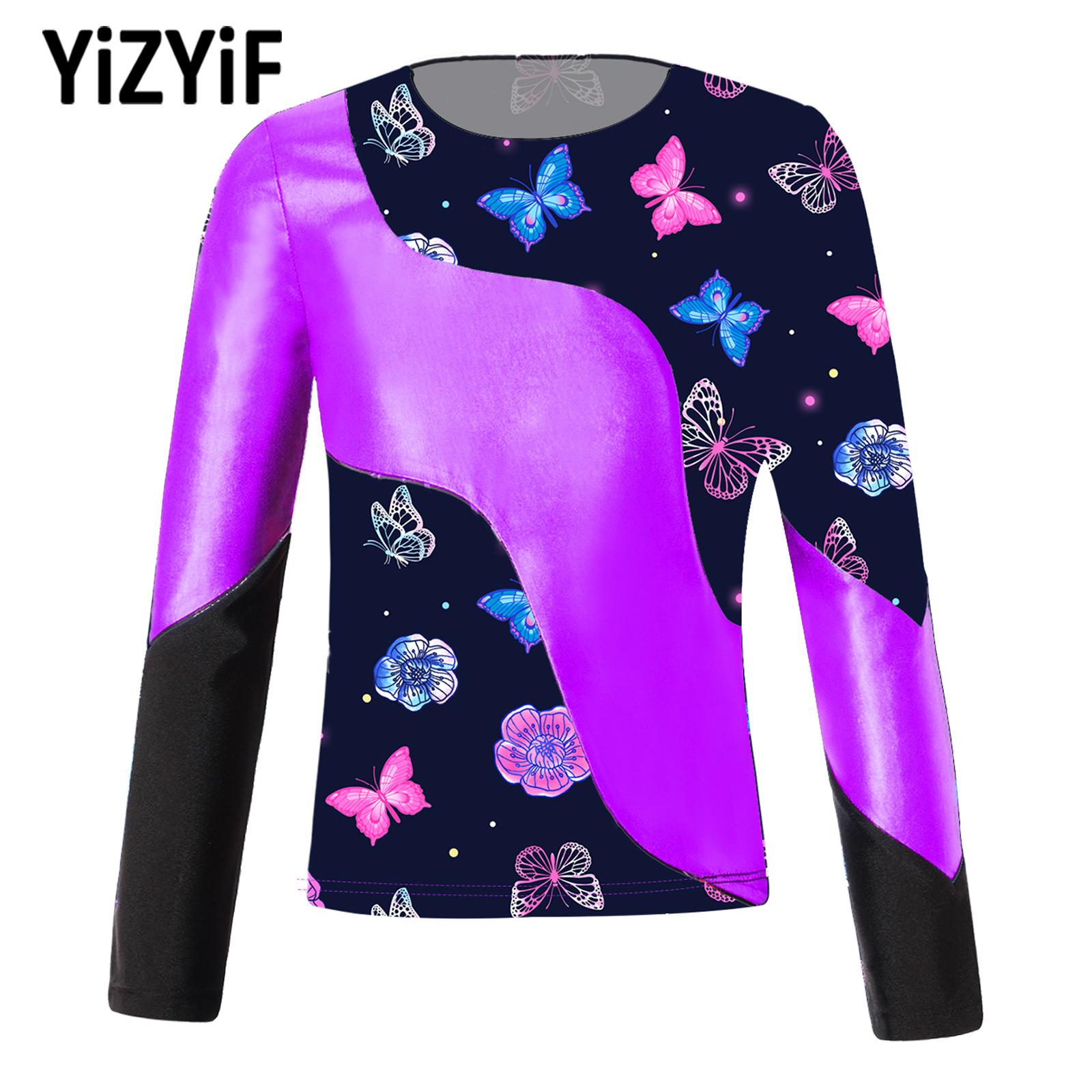 Toddler Kids Girls Lovely Printed Gymnastics Dance Top Costumes Long Sleeve T-shirt Color Block Patchwork Dance Performance Tops